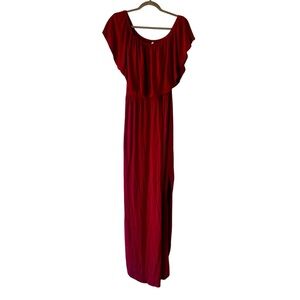 Burgundy Maxi Dress Women’s Size Large L Off Shoulder Flutter Sleeve Slit Gown